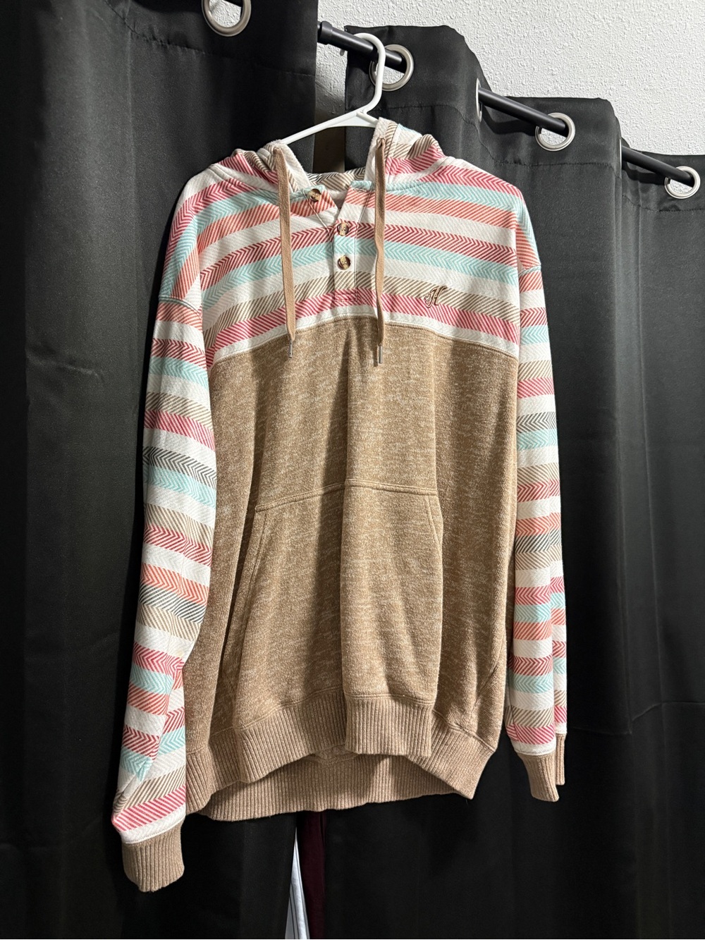 Hooey Brown Hoodie with Pink and Light Blue Chevron Stripes